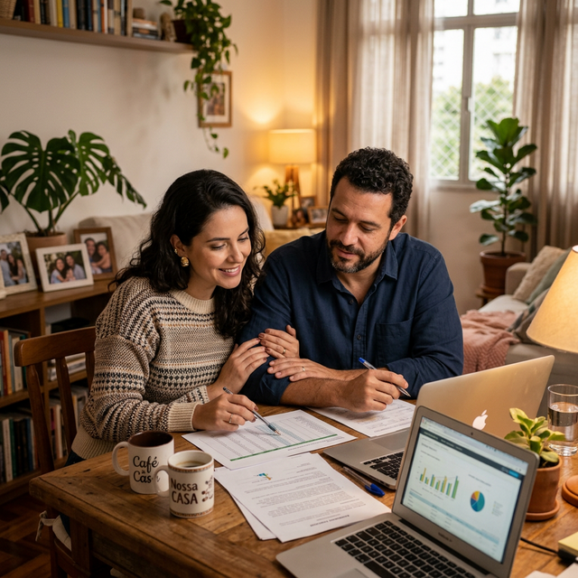 Casal analisando contrato de empréstimo com garantia de imóvel em casa com tranquilidade