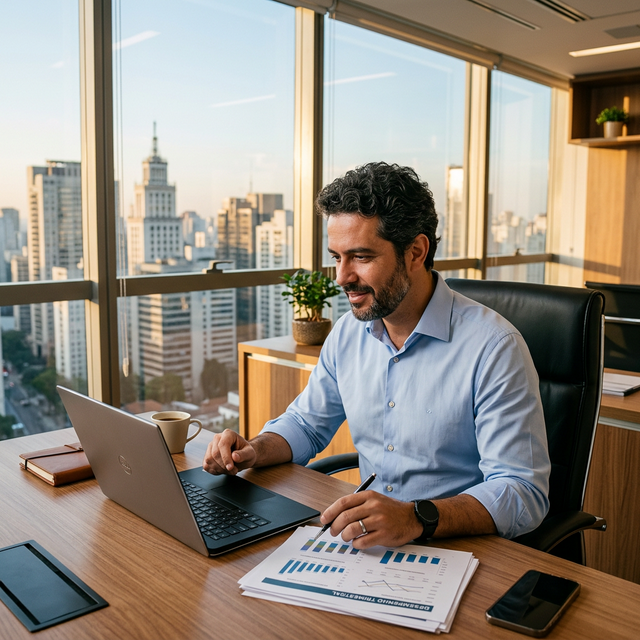 Empresário analisando opções de crédito para sua empresa em escritório moderno