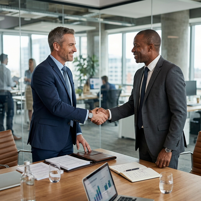 Empresário fechando contrato de empréstimo com garantia de imóvel para capital de giro