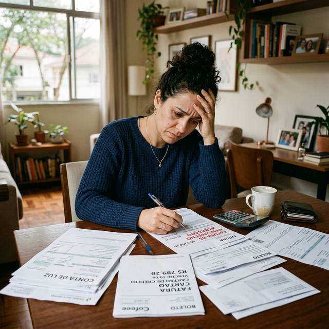 Pessoa analisando faturas de cartão de crédito e boletos com expressão preocupada