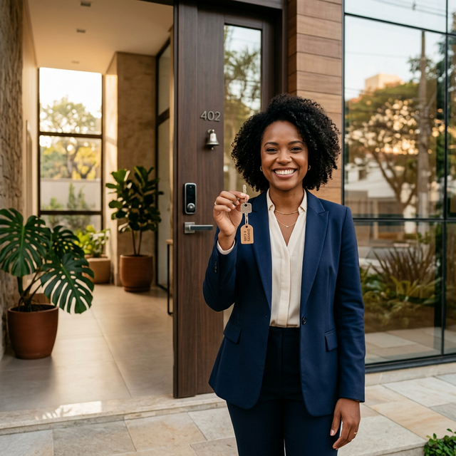 Mulher segurando chave de imóvel com confiança após entender a alienação fiduciária